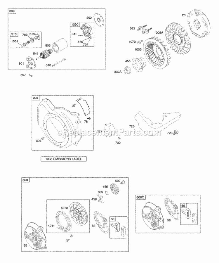 Blower Housing Electric Starter Flywheel Rewind Starter Diagram and Parts List for 150112-0586-B8  Briggs and Stratton Engine